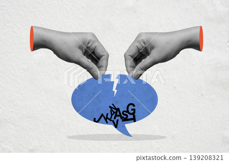 A surreal collage of two hands tearing a blue speech bubble filled with jumbled letters, symbolizing communication failure, censorship, or the deconstruction of language A surreal collage of two hands tearing a blue speech bubble filled with jumbled letters, symbolizing communication failure, censorship, or the deconstruction of language 139208321