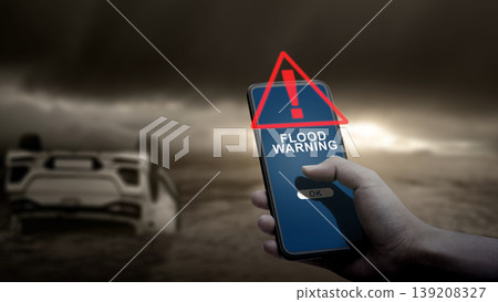 A hand holds a smartphone showing a flood warning alert, with an overturned car partially submerged in water under a dark, stormy sky in the background 139208327
