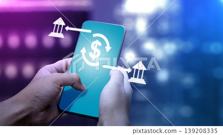 A person uses a smartphone for online bank transfers, featuring digital bank icons and a dollar sign symbol against a blurred city background. Concept of fintech and mobile banking A person uses a smartphone for online bank transfers, featuring digital bank icons and a dollar sign symbol against a blurred city background. Concept of fintech and mobile banking 139208335