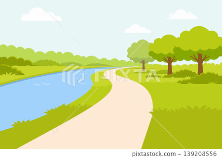 River landscape with winding path, green hills and mountains in flat vector style. River landscape with winding path, green hills and mountains in flat vector style. 139208556