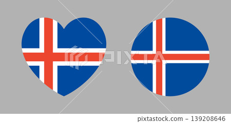 Iceland flag sticker, button. Icelandic national heart, round flag banner, background set. Heart, circle flag badge. Flag icon. Iceland flag sticker, button. Icelandic national heart, round flag banner, background set. Heart, circle flag badge. Flag icon. 139208646