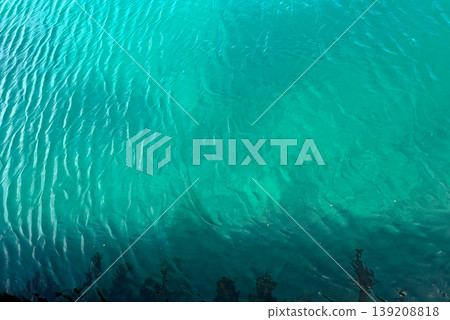 The transparent emerald surface of the sea, through which seaweed is visible. The transparent emerald surface of the sea, through which seaweed is visible. 139208818