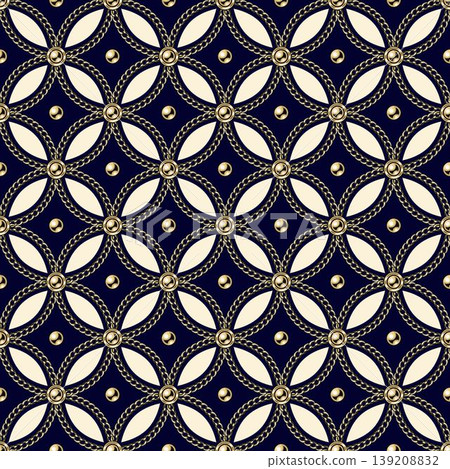 Classic gold chain seamless pattern. Interwoven chains and beads form in geometric grid with stylized quatrefoil, four petaled floral ornament. Contrast background. For luxury branding, packaging Classic gold chain seamless pattern. Interwoven chains and beads form in geometric grid with stylized quatrefoil, four petaled floral ornament. Contrast background. For luxury branding, packaging 139208832