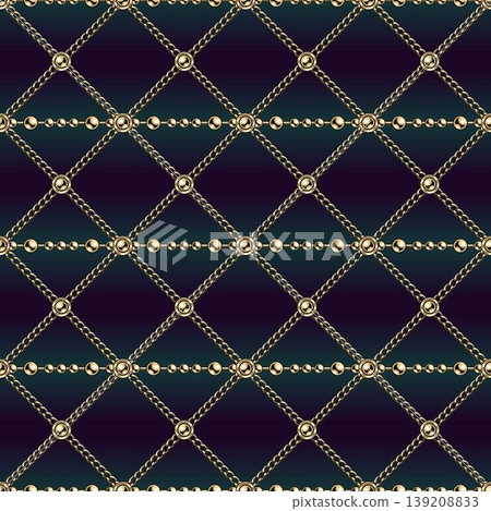 Jewelry seamless pattern with golden chains, beads arranged in classic diagonal square grid. Dark gradient background. Classic elegance design. Jewelry seamless pattern with golden chains, beads arranged in classic diagonal square grid. Dark gradient background. Classic elegance design. 139208833