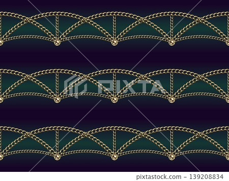 Jewelry seamless pattern with interwoven golden chains, beads arranged in horizontal borders with arches. Dark gradient background. Classic elegance vintage design Jewelry seamless pattern with interwoven golden chains, beads arranged in horizontal borders with arches. Dark gradient background. Classic elegance vintage design 139208834