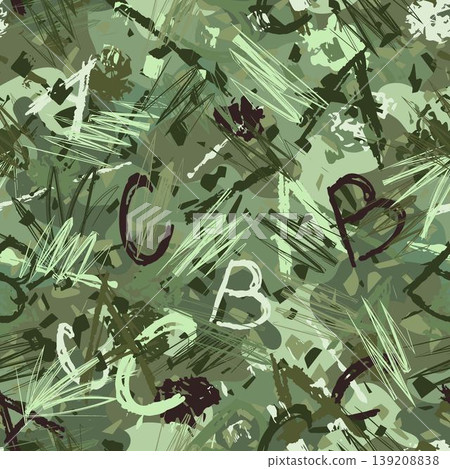 Seamless green camouflage pattern with doodles. Chaotic zigzag lines, scattered letters, paint blots, messy grunge composition. For apparel, fabric, textile, sporting goods Seamless green camouflage pattern with doodles. Chaotic zigzag lines, scattered letters, paint blots, messy grunge composition. For apparel, fabric, textile, sporting goods 139208838