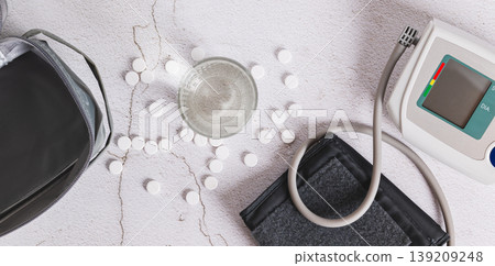 Blood pressure measurement, medications and water on the table top view web banner Blood pressure measurement, medications and water on the table top view web banner 139209248