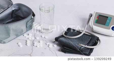 High blood pressure pills, a glass of water, and a tonometer on the table web banner High blood pressure pills, a glass of water, and a tonometer on the table web banner 139209249