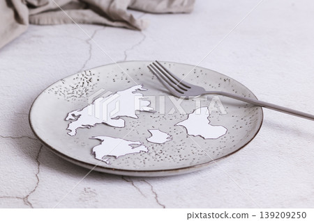 An empty plate without food, a fork and paper continents on the table An empty plate without food, a fork and paper continents on the table 139209250