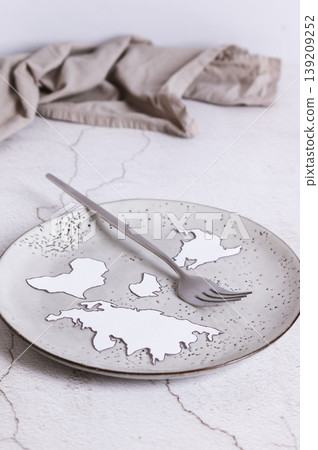 An empty plate without food, a fork and paper continents on the table vertical view An empty plate without food, a fork and paper continents on the table vertical view 139209252