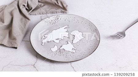 An empty plate without food, a fork and paper continents on the table web banner An empty plate without food, a fork and paper continents on the table web banner 139209258