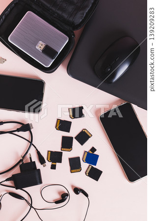 A freelancer's desktop tech gadget set top and vertical view 139209283