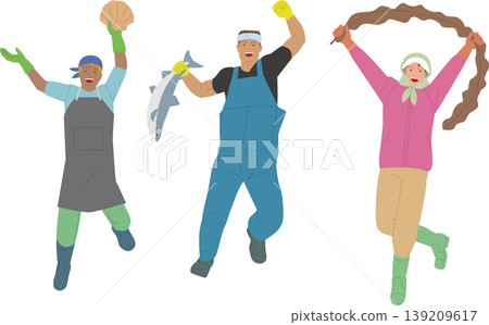 An illustration depicting scallops, fish, kelp, and a male and female fisherman, conveying an image of energetic work. An illustration depicting scallops, fish, kelp, and a male and female fisherman, conveying an image of energetic work. 139209617