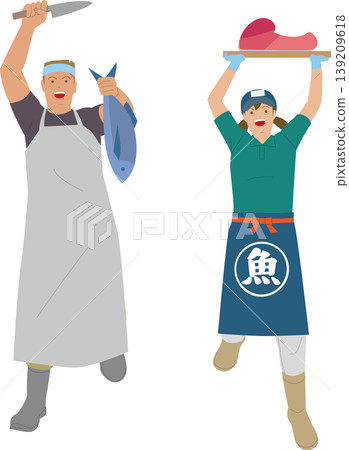 An illustration depicting a man and woman working in the fish retail business, conveying an image of energetic work. 139209618