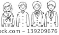 Hand-drawn line art illustrations of middle school and high school students in their uniforms. 139209676