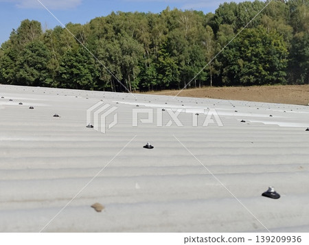 Corrugated fiber cement roofing sheets installed with visible fasteners on large roof surface near forest in rural area. Roofing, construction, building materials, exterior installation Corrugated fiber cement roofing sheets installed with visible fasteners on large roof surface near forest in rural area. Roofing, construction, building materials, exterior installation 139209936
