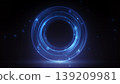 Radiant blue holographic circle displaying flowing digital particles amidst neon sparks 139209981