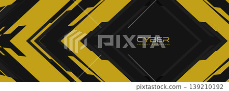 Dark yellow cyber geometric abstract background, layered angular chevrons, glossy black panels, metallic textures, high contrast lighting, central CYBER label, futuristic interface mood, sleek minimal 139210192