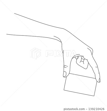 Line art vector illustration of a hand holding a blank card (business card or credit card). 139210426