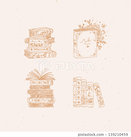 Book stack with flowers set beige Book stack with flowers set beige 139210459