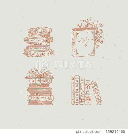 Book stack with flowers set brown Book stack with flowers set brown 139210460