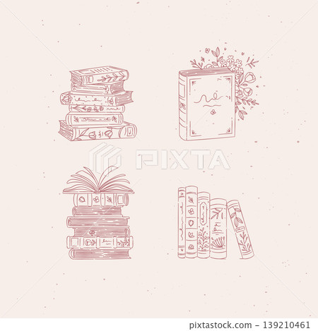 Book stack with flowers set coral Book stack with flowers set coral 139210461
