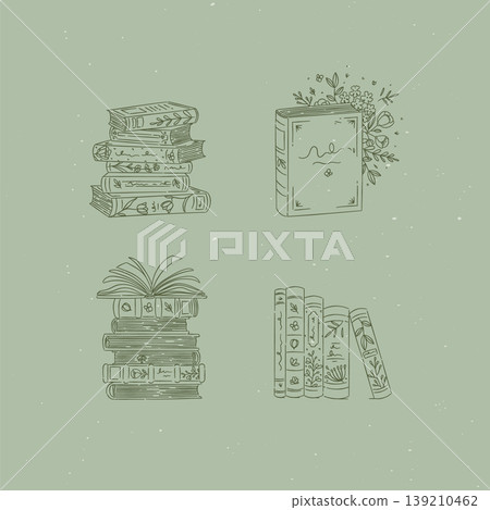 Book stack with flowers set green Book stack with flowers set green 139210462