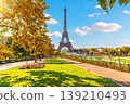 The majestic Eiffel Tower in Paris rising above Trocadero fountains against a backdrop of expressive storm clouds 139210493