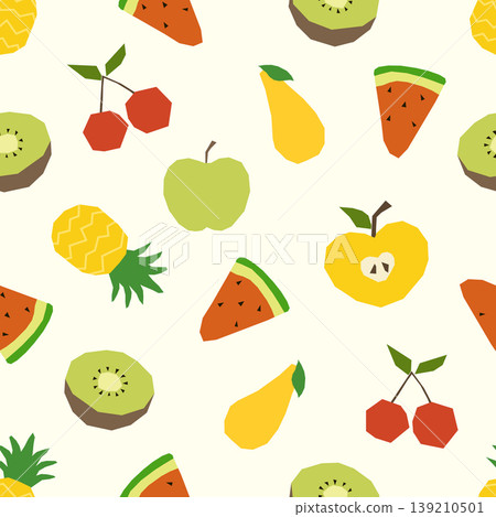 Seamless pattern featuring flat geometric fruit shapes of watermelon kiwi and pineapple Seamless pattern featuring flat geometric fruit shapes of watermelon kiwi and pineapple 139210501