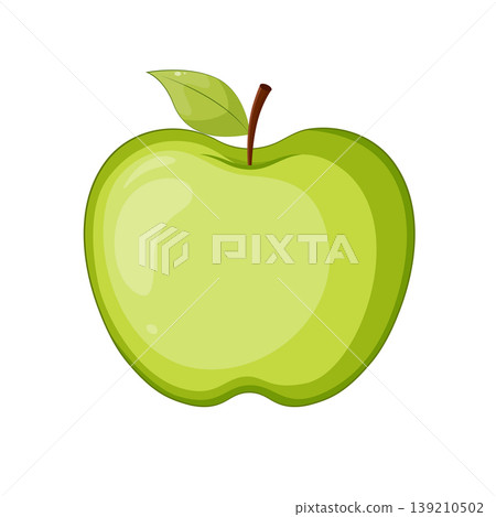 Ripe whole green apple with brown stem and single leaf Ripe whole green apple with brown stem and single leaf 139210502