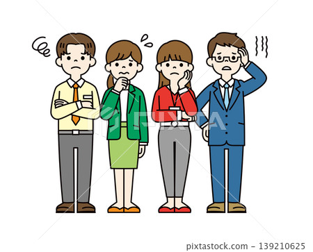 A set of full-body vector illustrations of several young male and female business professionals with worried, troubled, or thinking expressions. 139210625