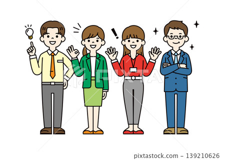 A set of full-body vector illustrations of a male and female employee with positive expressions after a problem has been resolved. 139210626