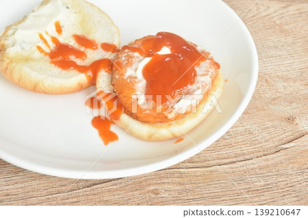 fried spicy mashed chicken with shrimp hamburger dressing chili and tartar sauce on plate fried spicy mashed chicken with shrimp hamburger dressing chili and tartar sauce on plate 139210647