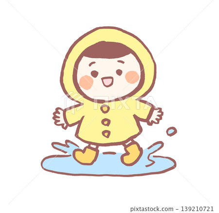 一幅可愛又充滿奇思妙想的插圖，描繪了一個穿著雨衣的孩子。 139210721