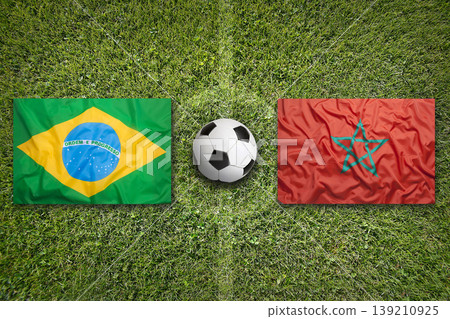 Brazil vs. Morocco flags on a soccer field 139210925