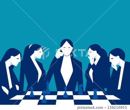 The team is gathered in a circle playing chess, symbolizing strategic planning and solving complex problems. 139210953