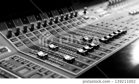 Mixing operation. Professional audio or sound engineers operating digital mixing consoles in studio or live mix perform. Sound control music production broadcasting mix and live event audio technology 139211002
