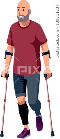 Smiling man with leg brace walking on crutches Smiling man with leg brace walking on crutches 139211237