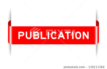Red color inserted label banner with word publication on white background Red color inserted label banner with word publication on white background 139211368