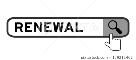 Search banner in word renewal with hand over magnifier icon on white background Search banner in word renewal with hand over magnifier icon on white background 139211402