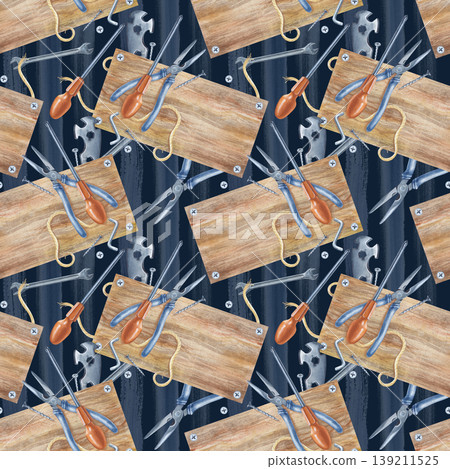 Watercolor seamless pattern with an array of hand tools and rustic wooden elements. Illustration of hardware is ideal for Father's Day cards, workshop decor, hardware store branding, DIY project Watercolor seamless pattern with an array of hand tools and rustic wooden elements. Illustration of hardware is ideal for Father's Day cards, workshop decor, hardware store branding, DIY project 139211525