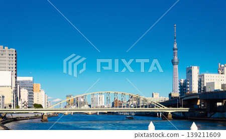Cityscape viewed from Ryogoku Bridge on the Sumida River in Tokyo Cityscape viewed from Ryogoku Bridge on the Sumida River in Tokyo 139211609