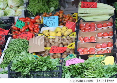 fruit and vegetable counter at the local market 139211666