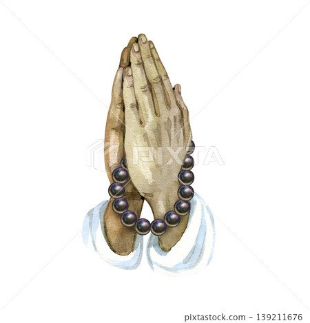 Watercolor hand drawn illustration of praying hands holding a dark pearl rosary. A spiritual Christian symbol of prayer, faith, and devotion, featuring detailed skin textures and white sleeves. Watercolor hand drawn illustration of praying hands holding a dark pearl rosary. A spiritual Christian symbol of prayer, faith, and devotion, featuring detailed skin textures and white sleeves. 139211676