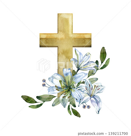 Watercolor hand drawn illustration of a simple golden cross with a floral bouquet. The composition features white and blue lilies with green leaves, representing a Christian symbol for Easter, Lent Watercolor hand drawn illustration of a simple golden cross with a floral bouquet. The composition features white and blue lilies with green leaves, representing a Christian symbol for Easter, Lent 139211700