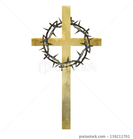 Watercolor hand drawn illustration of a simple gold wooden cross encircled by a thorn crown. Central Christian symbol of Jesus Christ's sacrifice, Easter, Lent, or faith on a plain white background. 139211701