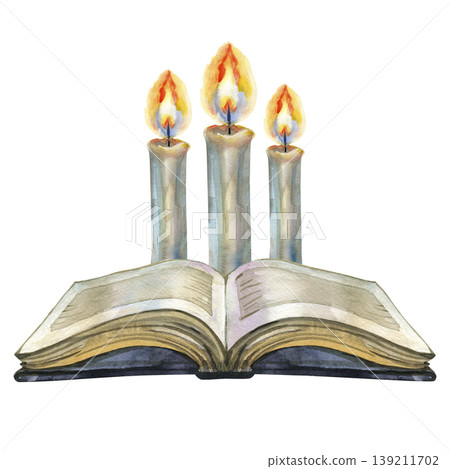 Watercolor hand drawn illustration of an open old vintage book with three burning candles. Antique mystery concept, magic story, or religious theme with glowing flames and paper textures. Watercolor hand drawn illustration of an open old vintage book with three burning candles. Antique mystery concept, magic story, or religious theme with glowing flames and paper textures. 139211702