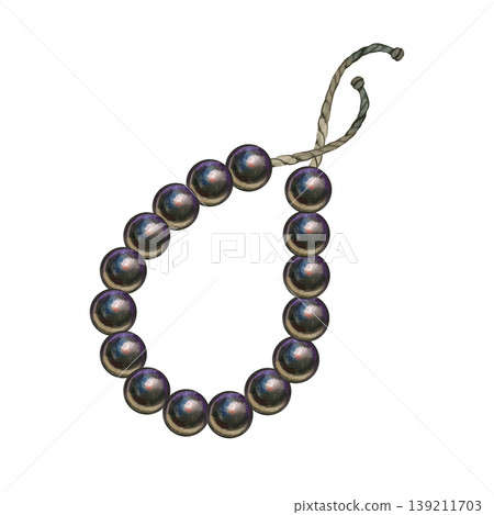 Hand drawn watercolor illustration of elegant dark prayer beads on a string. The shiny black pearls, perfect for religious, spiritual, or jewelry design projects. 139211703