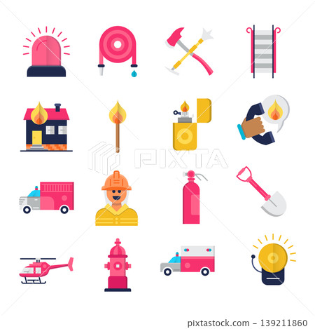 Firefighter and Fire Department Flat Icons Firefighter and Fire Department Flat Icons 139211860