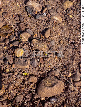 Ground covered with different stones and pebbles at a riverbank during daylight Ground covered with different stones and pebbles at a riverbank during daylight 139211873